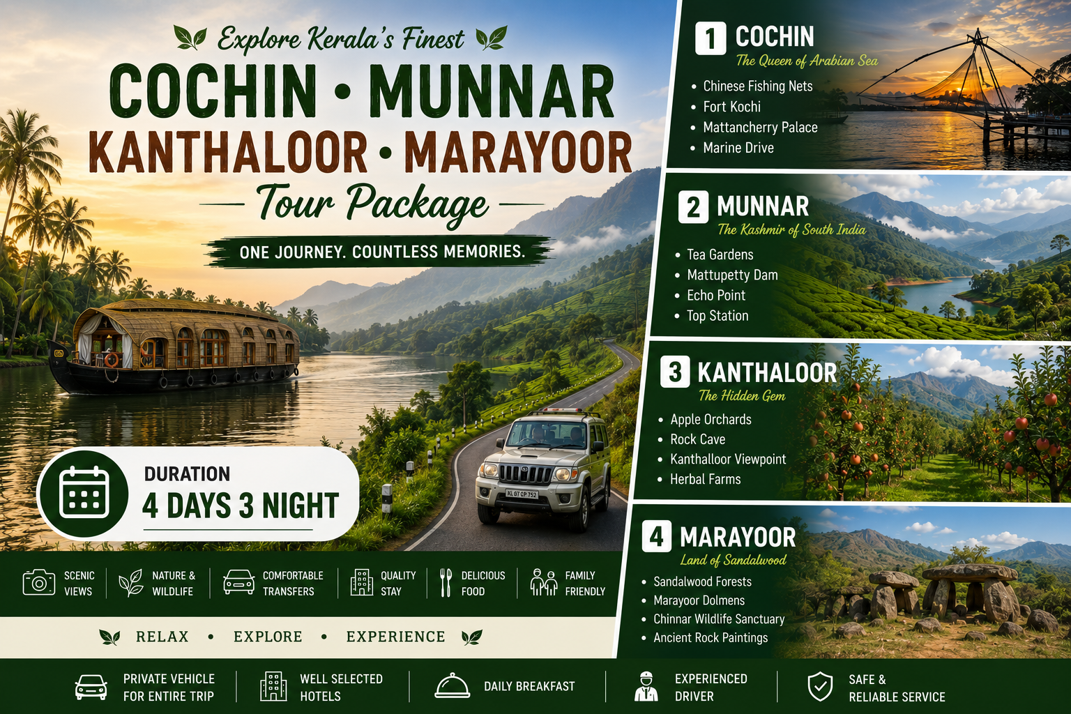 Cochin Munnar Kanthaloor Marayoor Tour Package