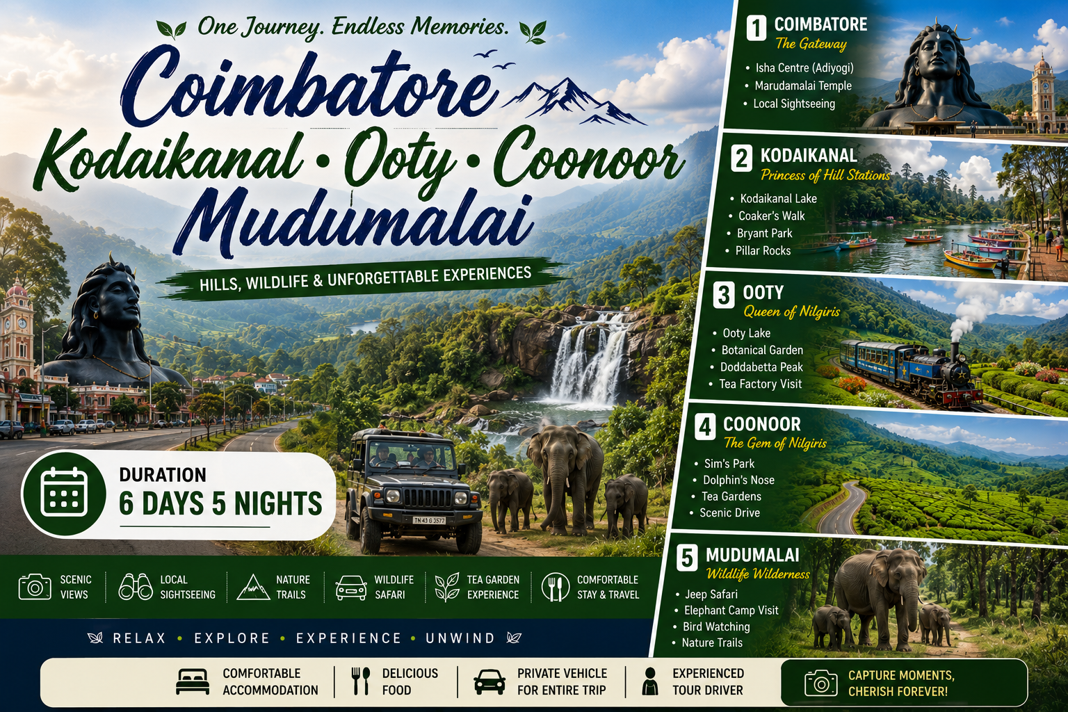 Coimbatore Kodaikanal Ooty Coonoor Mudumalai Tour Package
